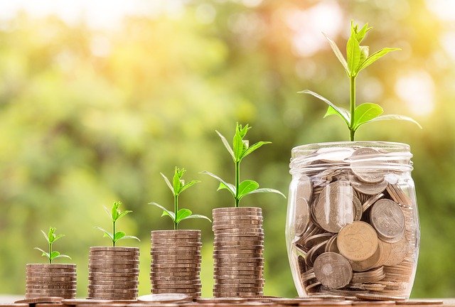 Growing piles of coins with tree on them to emphasize growth