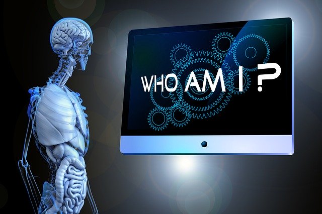 A synthetic human staring to a screen that read "Who am I?"