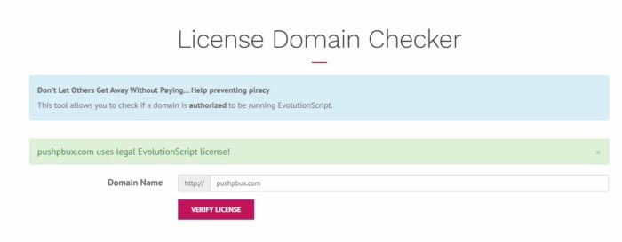 A screenshot of valid pushpbux EvolutionSripct License